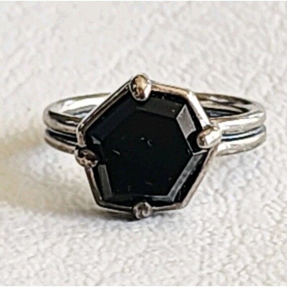 SILPADA 925 Sterling Silver DBL Band 6 Black Agate Hexagon Ring R3263 - Picture 1 of 6